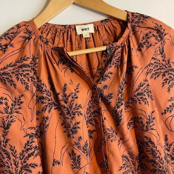 WHiT NYC Forrest Print Blouse Button Up Size P Silk Mustard - Picture 2 of 6